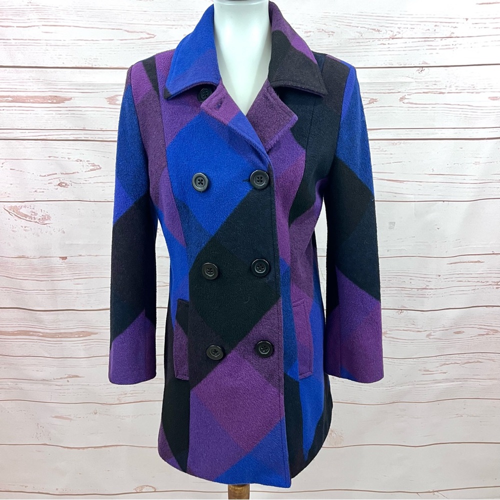 Vintage Y2K Geometric Prism Colorblock Double Breasted Military Pea Coat